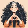 An older woman smiling with her hands in a heart gesture. She has a mane of long curly black hair. Illustration.
