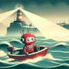 A cute red robot is adrift in a choppy, foggy sea. A lighthouse on a cliff in the distance is beaming light across the sea, creating a safe, clear path to a nearby shore. The robot is steering the boat toward shore, following the path through the fog created by the lighthouse. Vintage travel poster aesthetic.
