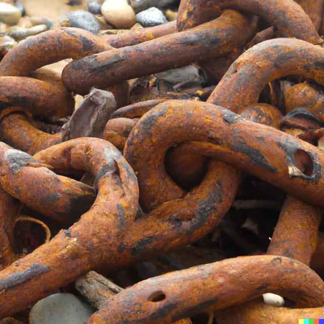 A photograph of an anchor chain rusting and rotting away on a beach