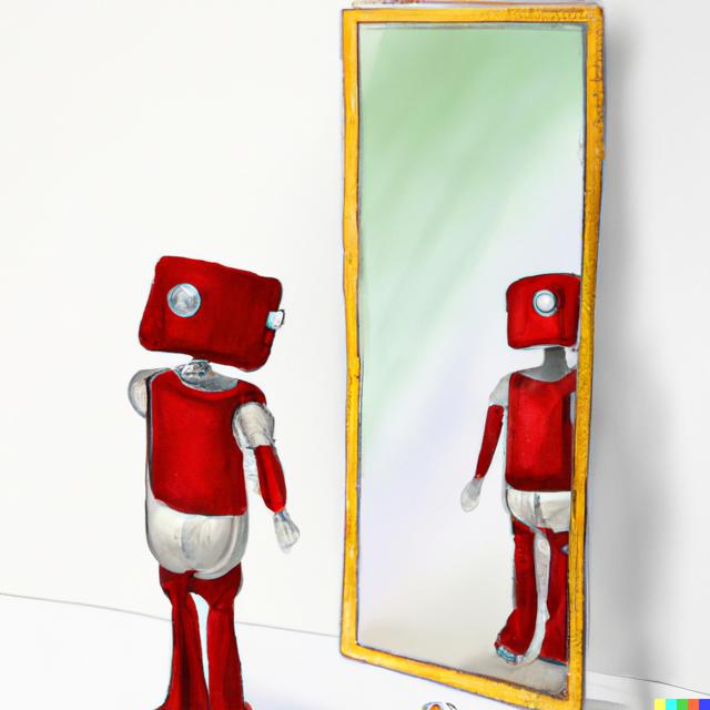 Painting of a cute red robot looking at itself in a full-body mirror.