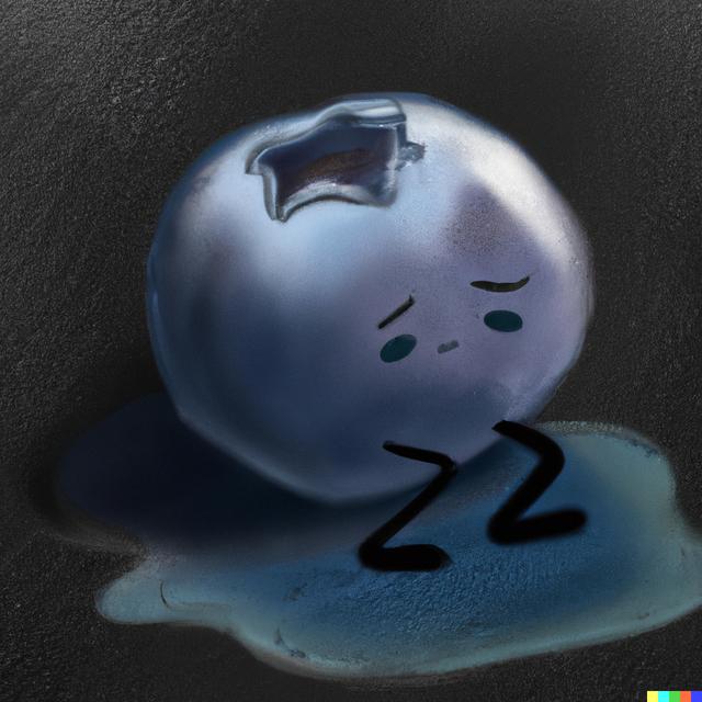 Digital art. A blueberry with arms and legs like a person. It’s sitting on the ground with its back to the viewer and is clearly crying. The tears are pooling around it on the ground.