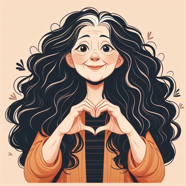 An older woman smiling with her hands in a heart gesture. She has a mane of long curly black hair. Illustration.