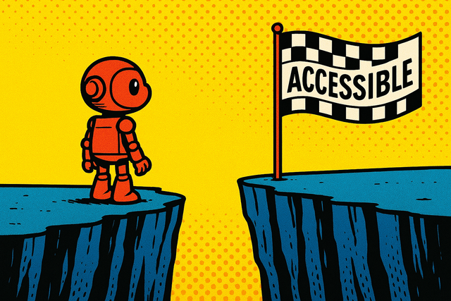 A pop-art style illustration of a wide chasm. On the left side of the chasm stands a small, cute, red robot, gazing to the right, across the abyss. On the right side of the chasm is his destination: a finish line flag. The flag reads “Accessible.”
