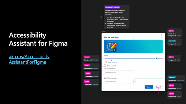 Slide for Accessibility Assistant for Figma, showing the plugin UI and an annotated design.
